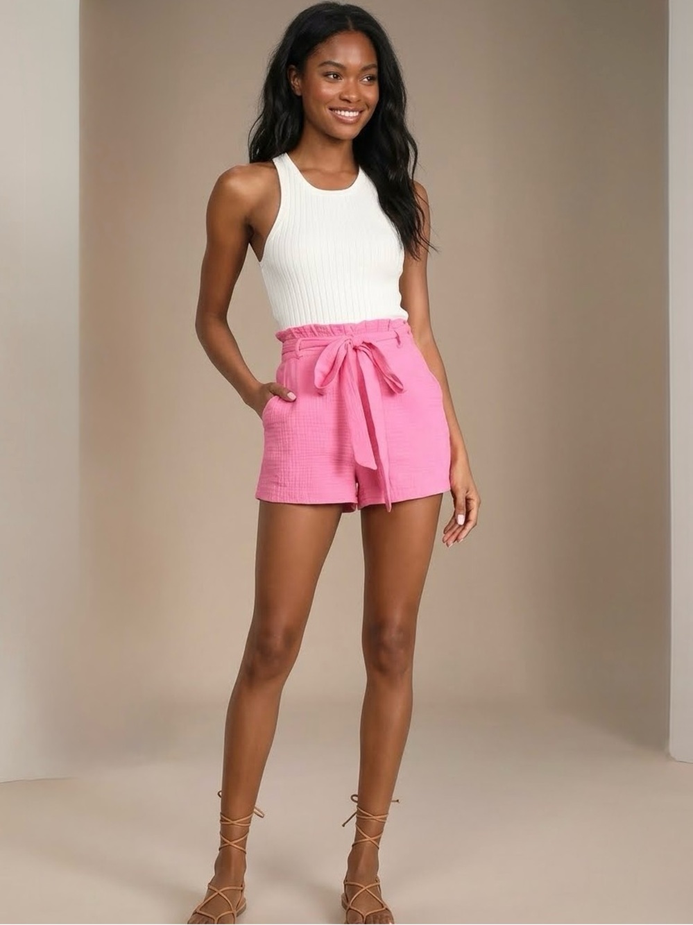 Lulus NWT Friendship Bright Pink Paperbag Waist Shorts, Size XS